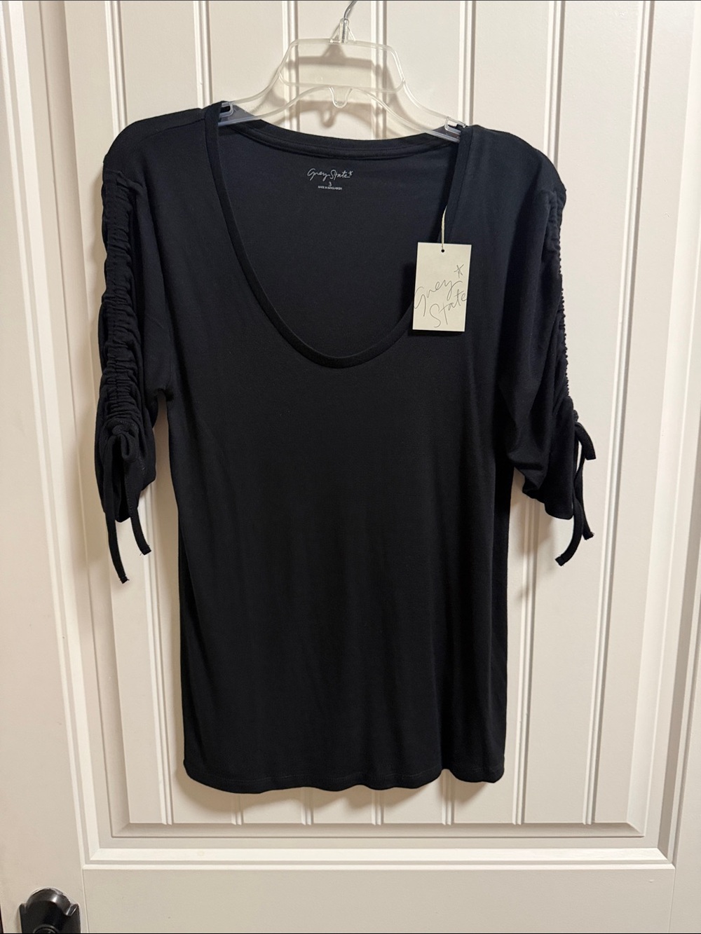 Grey State Black Scoop Neck Top with Ruched Tie Sleeves